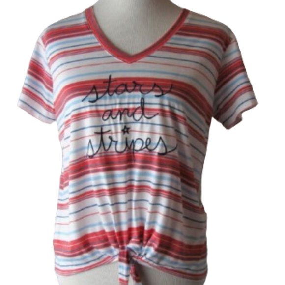 NEW Fifth Sun Americana Flag Embroidered Front Tie Crop Tee T-Shirt - Picture 2 of 7